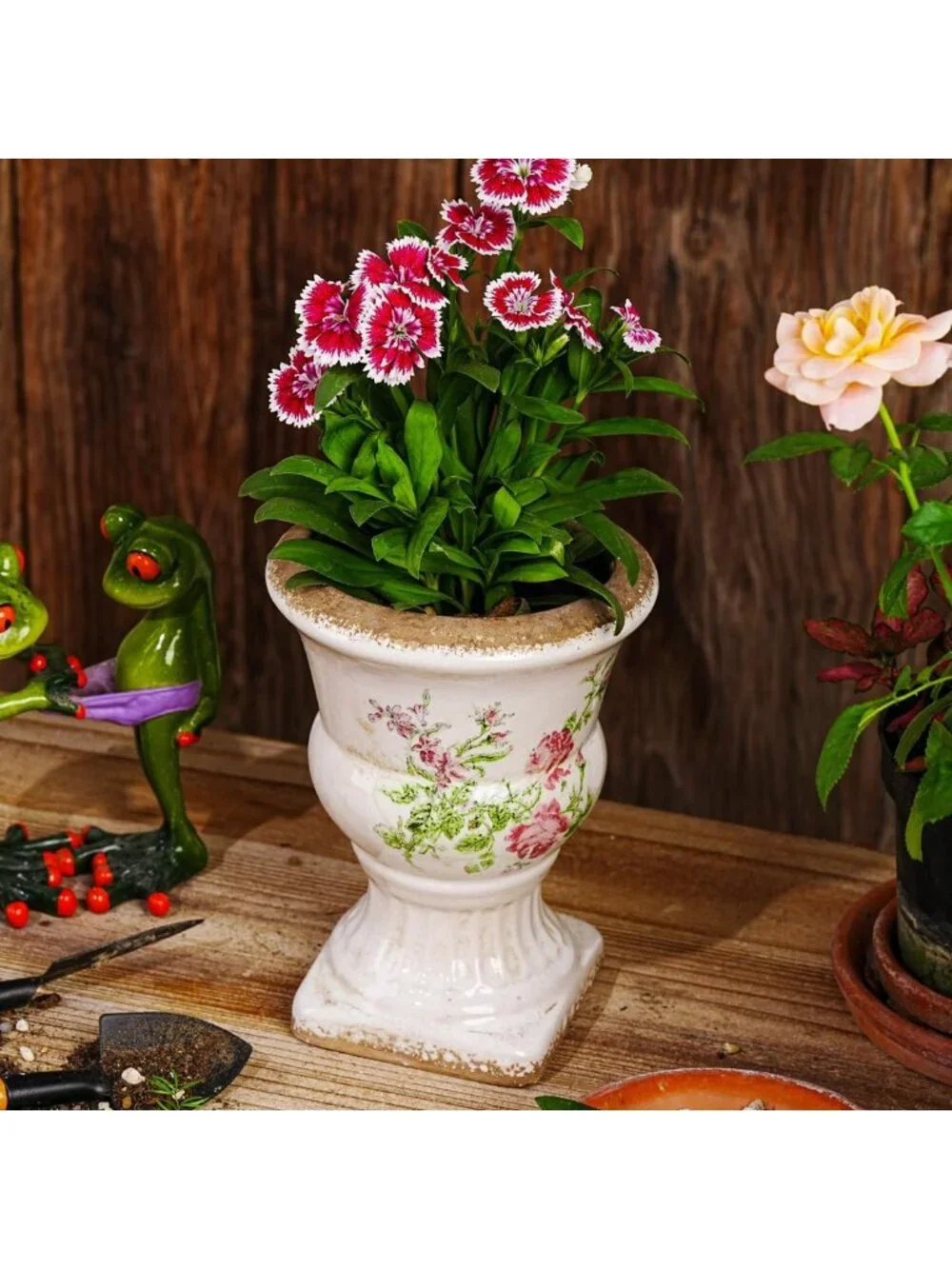 Vintage Pink Floral Ceramic Urn Planter - Decorative Chinoiserie Flower Pot